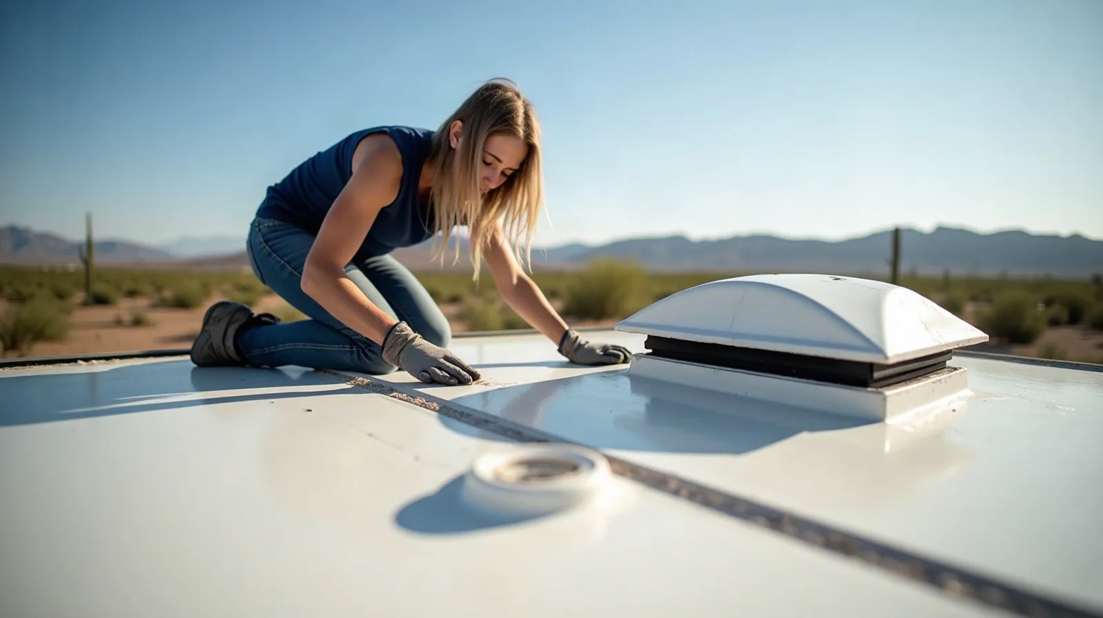 Woman kneeling on an RV roof scraping old sealant around a vent, demonstrating how to repair RV roof leaks.