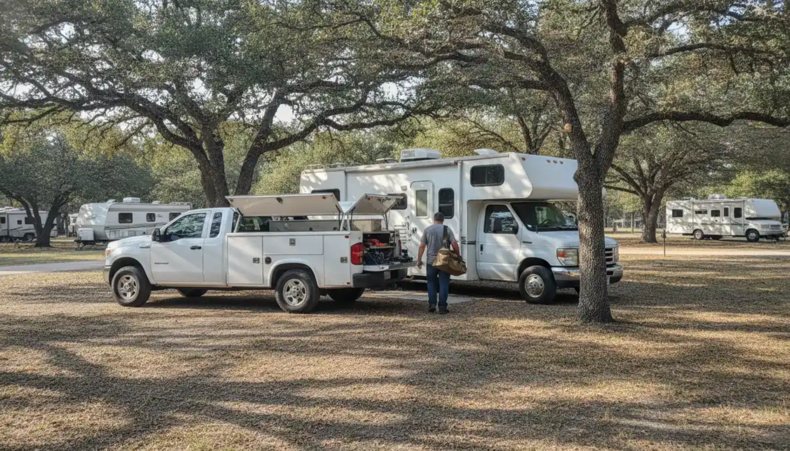 A mobile RV repair technician walks toward a white Class C motorhome at a Texas Hill Country campground, service truck with open toolbox bed parked beside it.