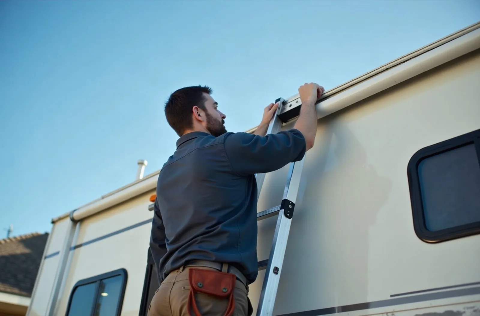 A mobile RV repair tech on a ladder inspects the roof of a white travel trailer under a clear blue Texas sky.