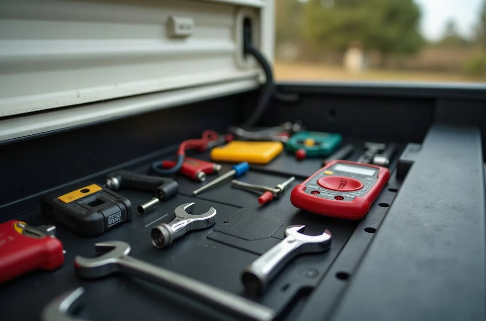 An open truck toolbox with neatly arranged hand tools and a multimeter, ready for a mobile RV repair job.