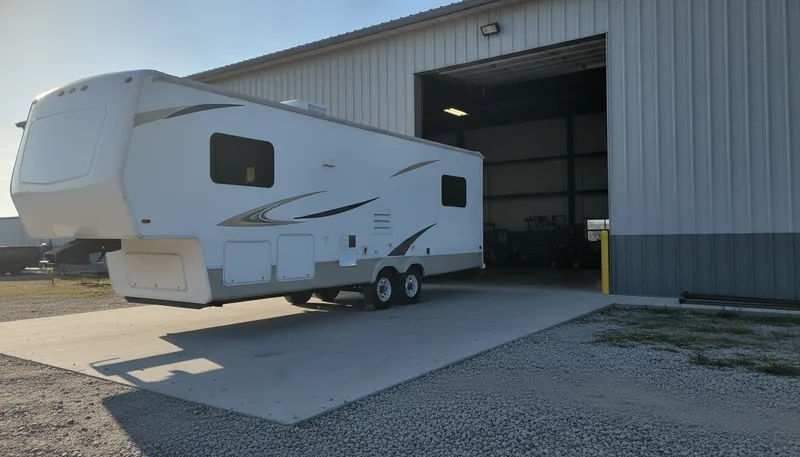 White fifth wheel trailer being backed into a tall service bay at an RV repair shop in the morning light.