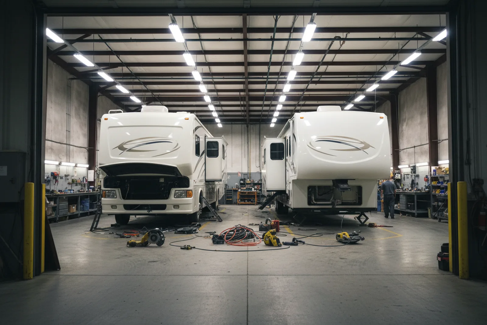 Two RVs inside a spacious repair shop bay with bright overhead lighting, seen from the entrance.
