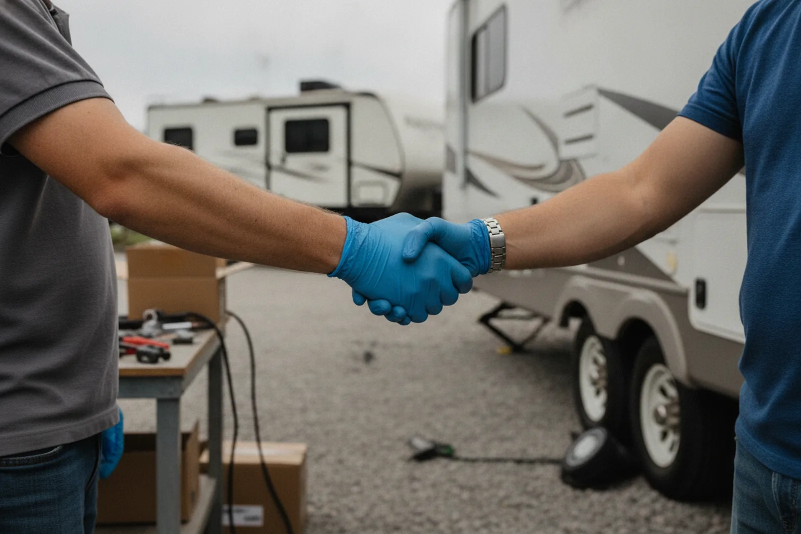 A customer and technician shaking hands beside an RV, showing trust and agreement at an RV repair shop.