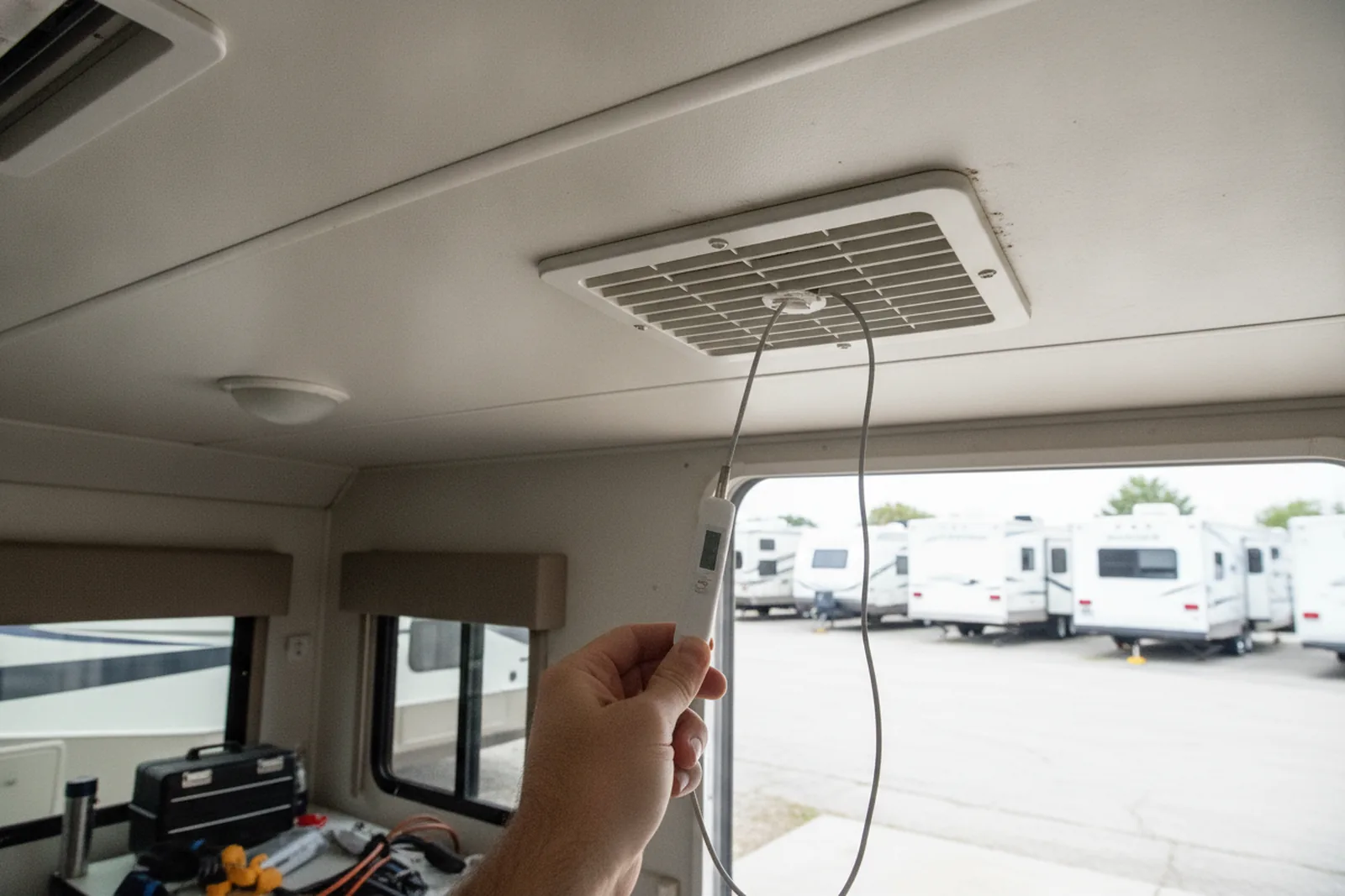 Hand holding a digital thermometer probe at an RV ceiling air vent to measure temperature drop for RV AC repair.