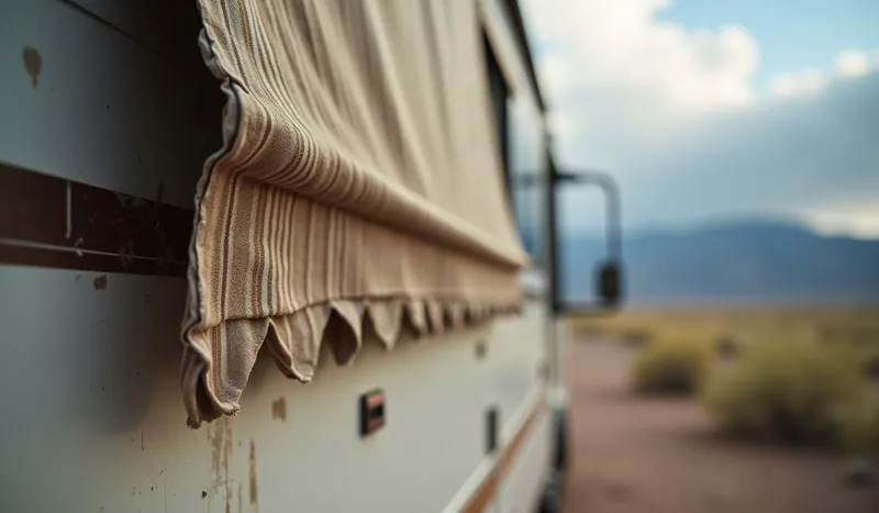 Torn striped awning fabric hanging from a white Class A motorhome at an Arizona RV park with storm clouds over desert mountains, showing the need for RV awning repair.