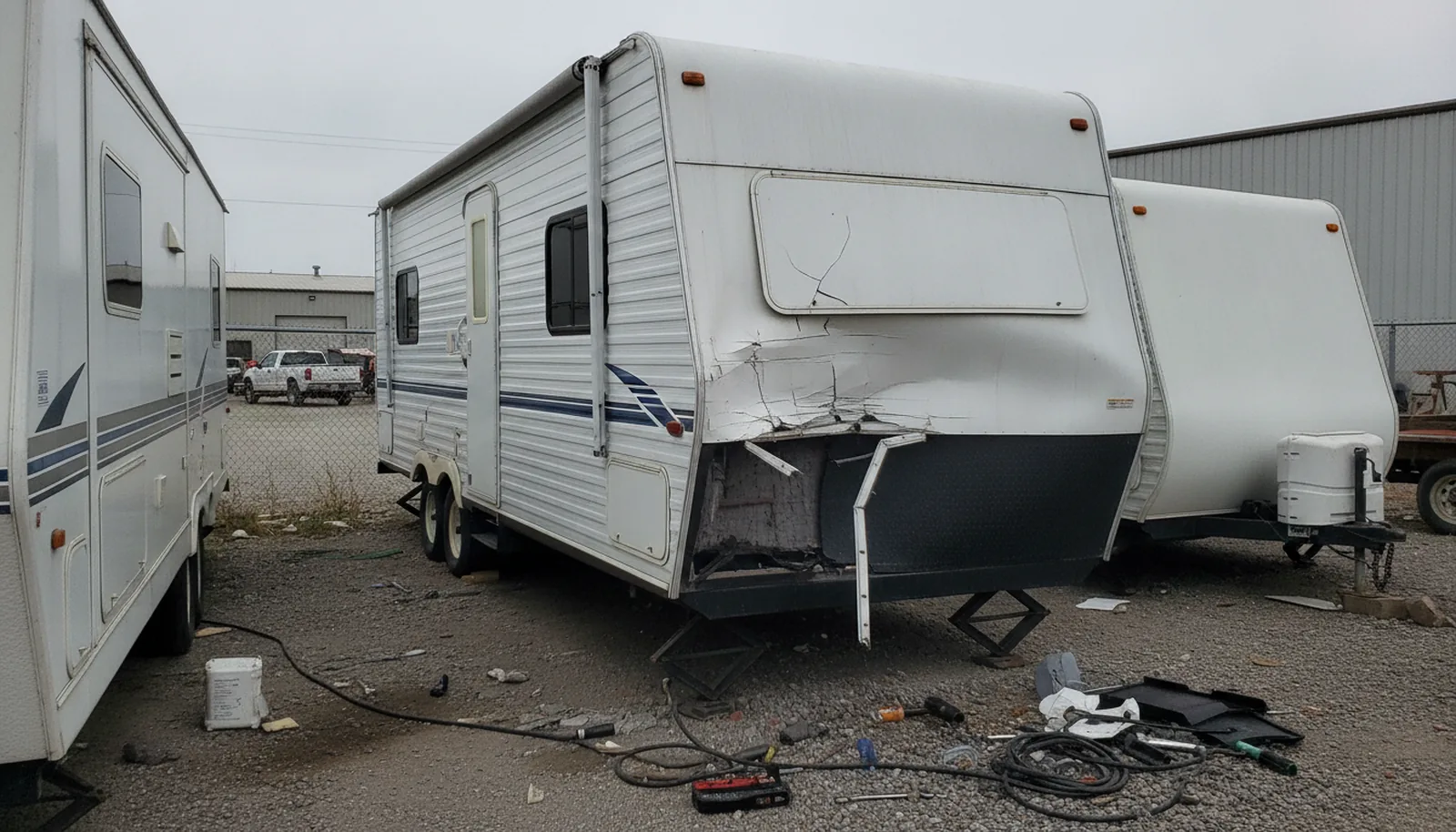Rear corner of a white travel trailer with crushed fiberglass cap and torn aluminum trim parked on a shop lot under hazy sky, showing collision damage.