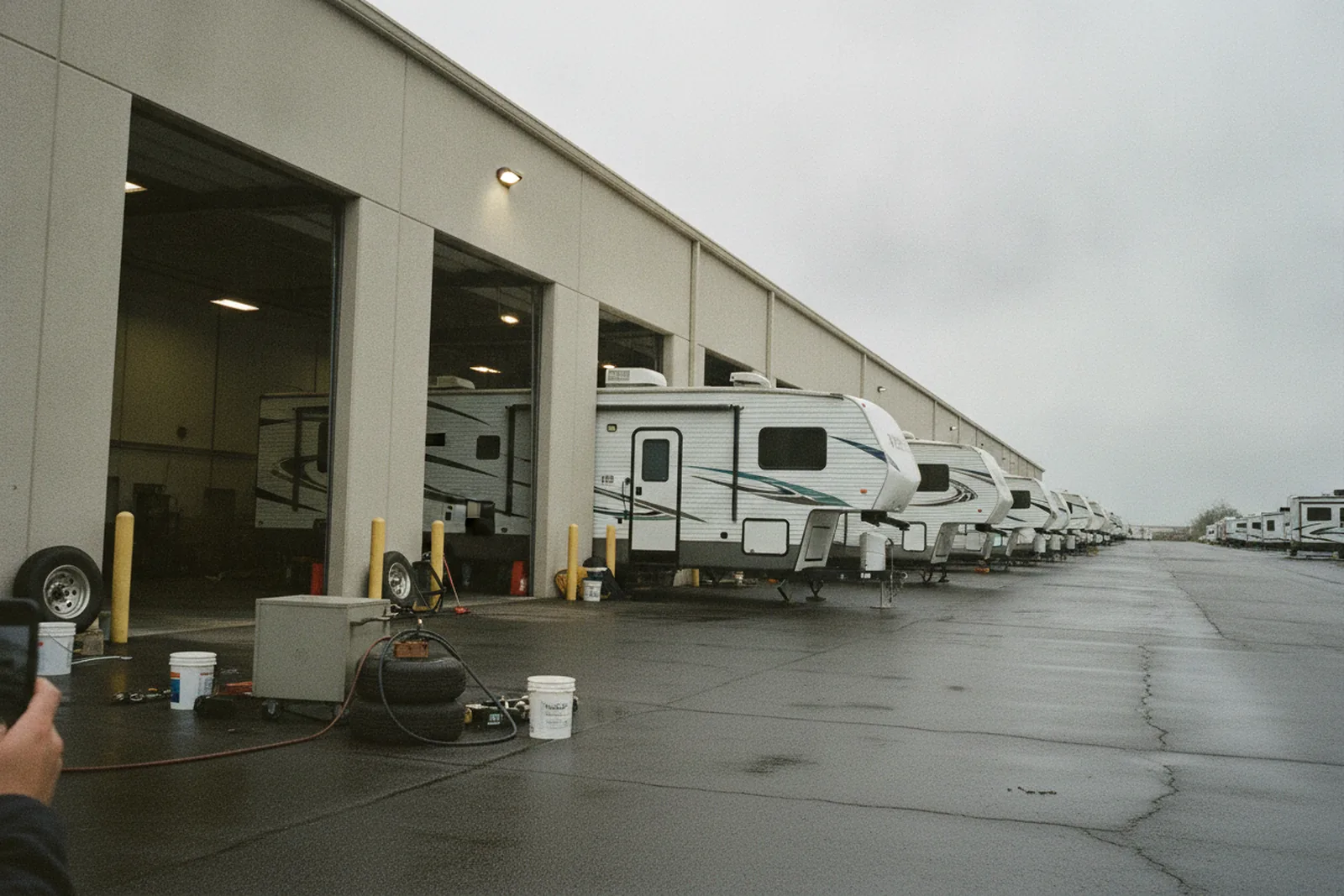 A long row of RVs parked outside a large service building with tall bay doors, seen from across the lot.