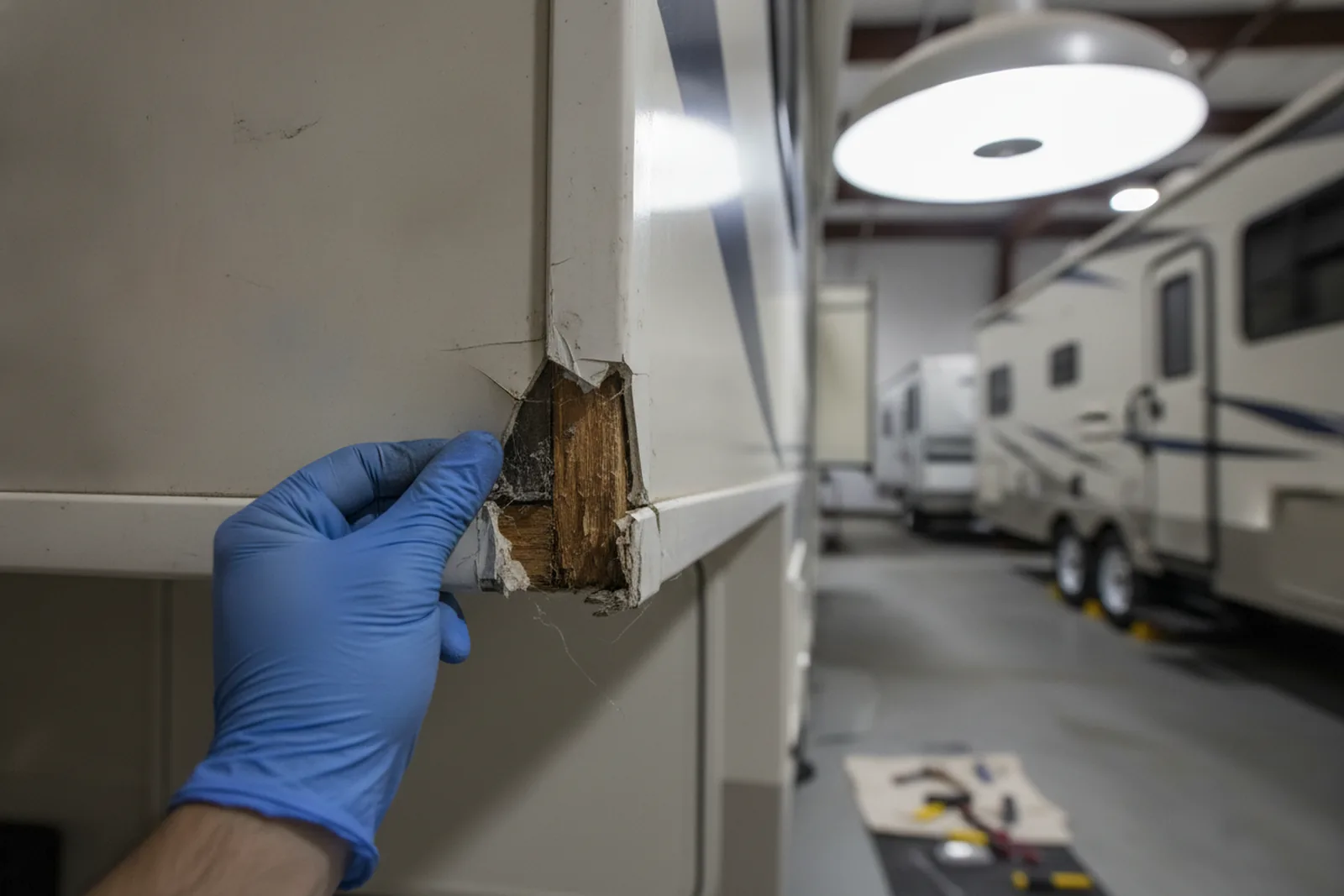 Gloved hand peeling back a damaged fiberglass corner panel to reveal the wood frame behind it during RV collision repair.