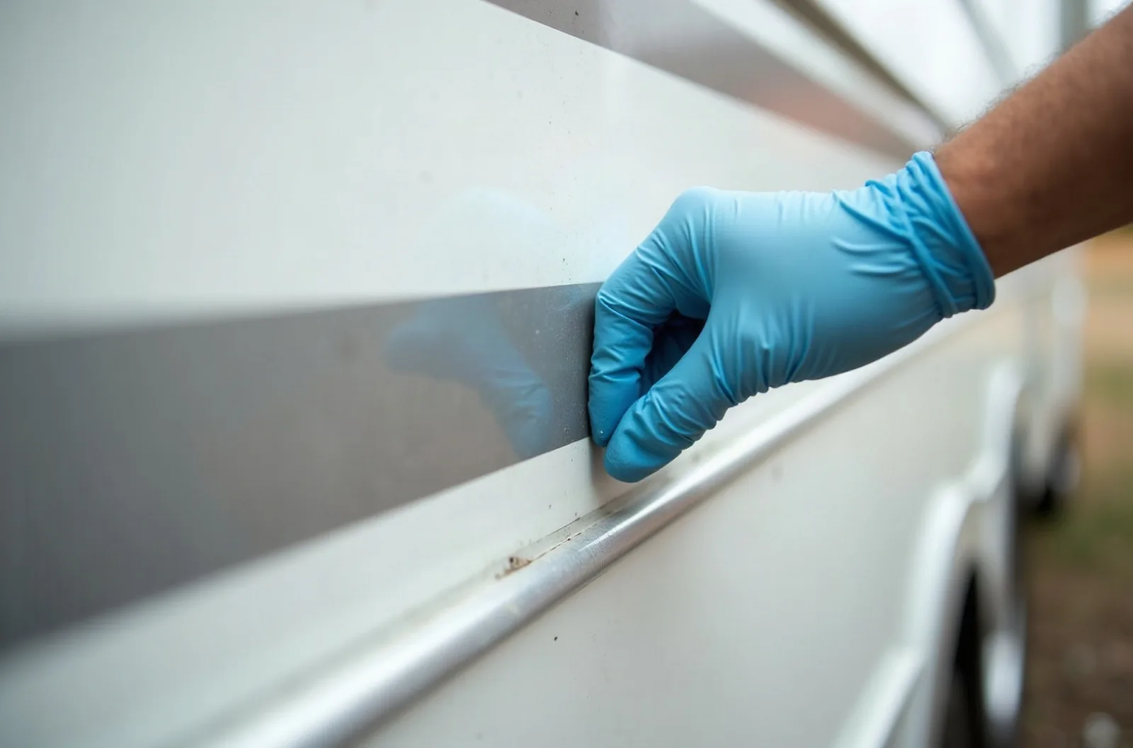 Close-up of a gloved hand tapping a bubbled area on a white fiberglass RV wall to check for delamination.