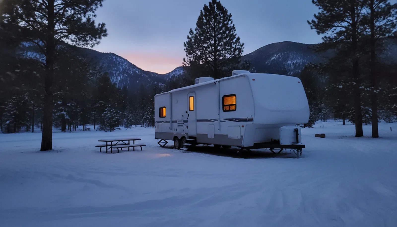 White fifth wheel RV at snowy campground at dusk with warm windows. The small round furnace exhaust vent on the sidewall is a common culprit in RV furnace repair when the blower runs but there is no heat.