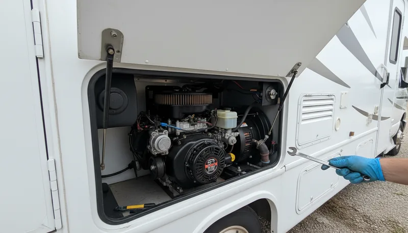 Open generator compartment on a Class C motorhome showing engine and air filter with a technician's hand holding a wrench during RV generator repair.