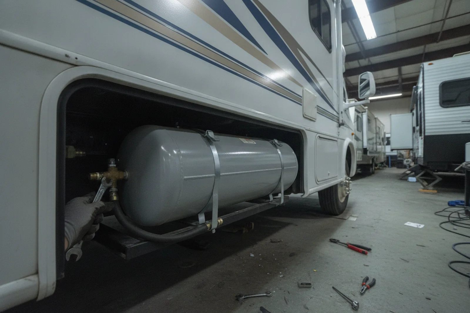 A horizontal ASME propane tank mounted under a Class C motorhome, a common RV propane tank repair subject.