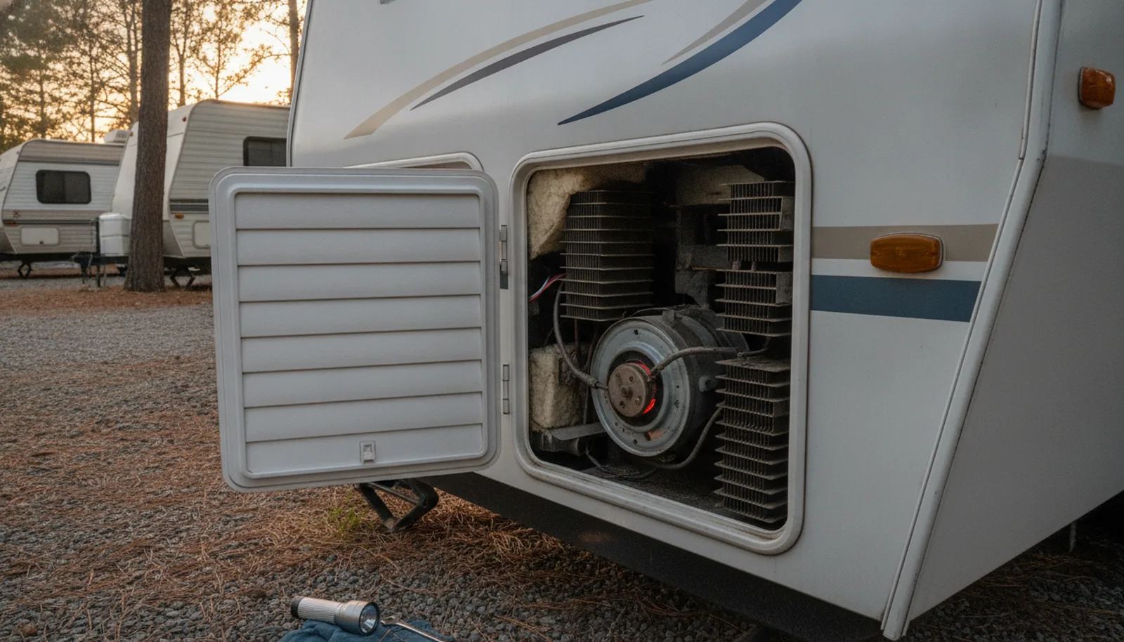 Open back access panel of a white travel trailer revealing an absorption refrigerator's burner and coils, illustrating RV refrigerator repair.