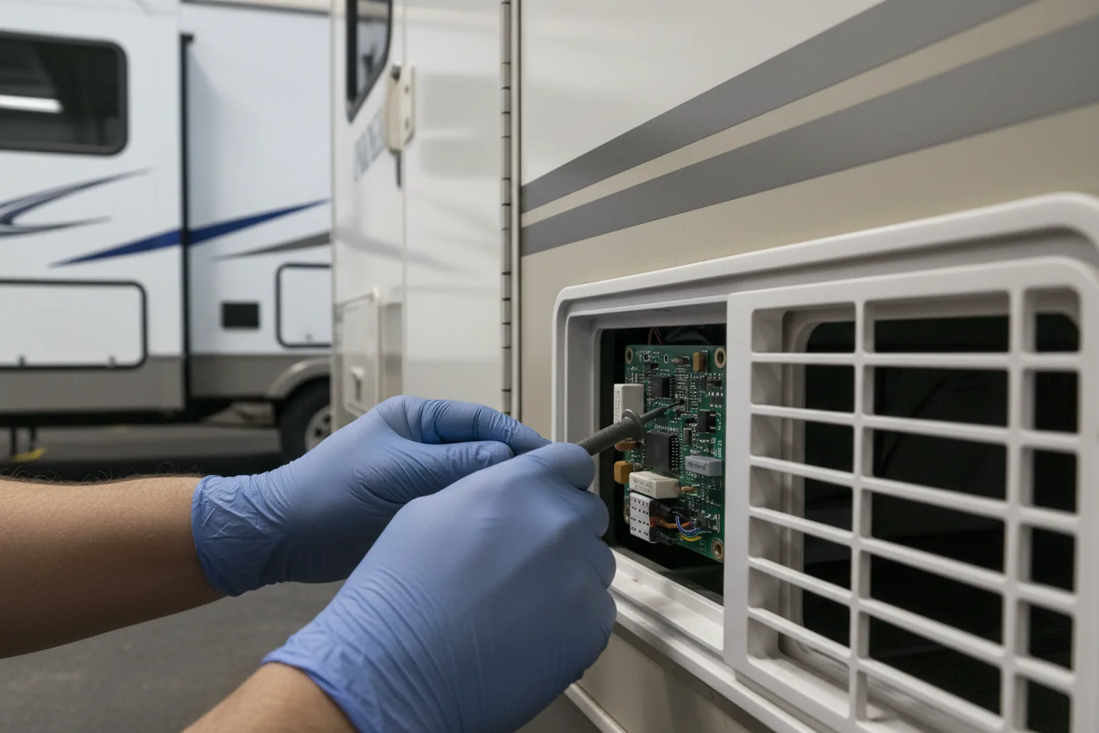 Gloved hands using a multimeter to test a circuit board behind an RV fridge vent panel during RV refrigerator repair.