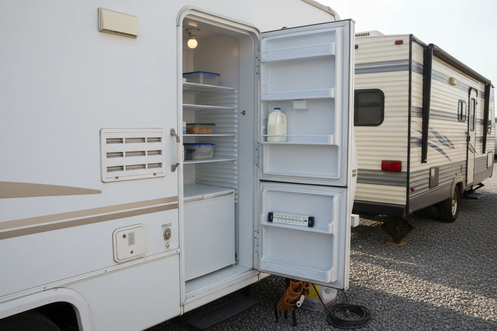 Open RV refrigerator with a thermometer on the shelf, showing interior temperature for RV refrigerator repair.