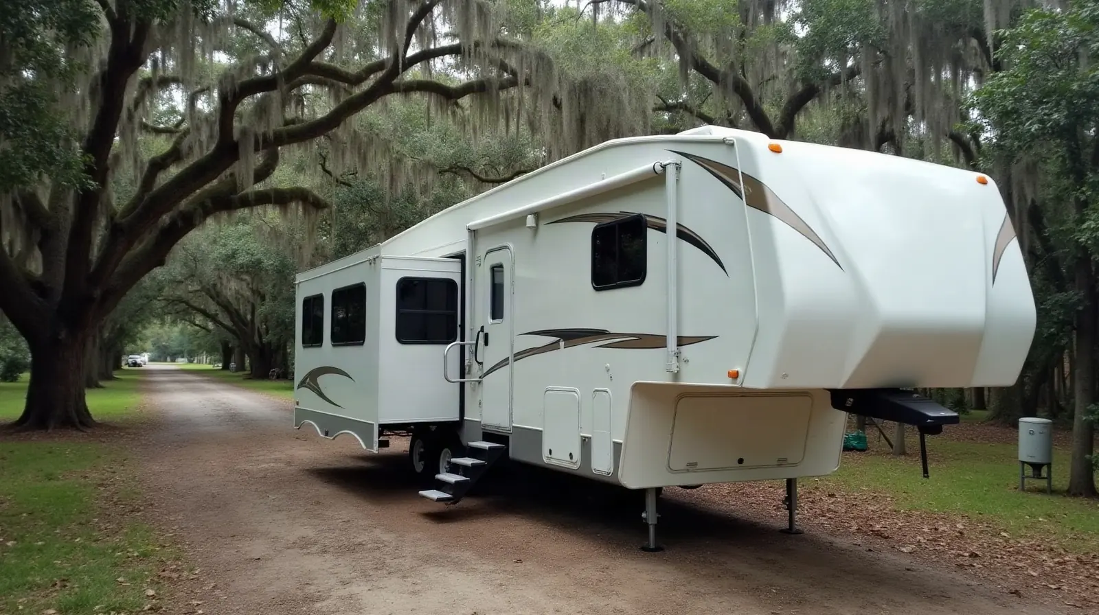 White fifth wheel RV with slide-out extended at a Florida campground, showing the rubber wiper seal along the slide edge, relevant to RV slide out repair cost.