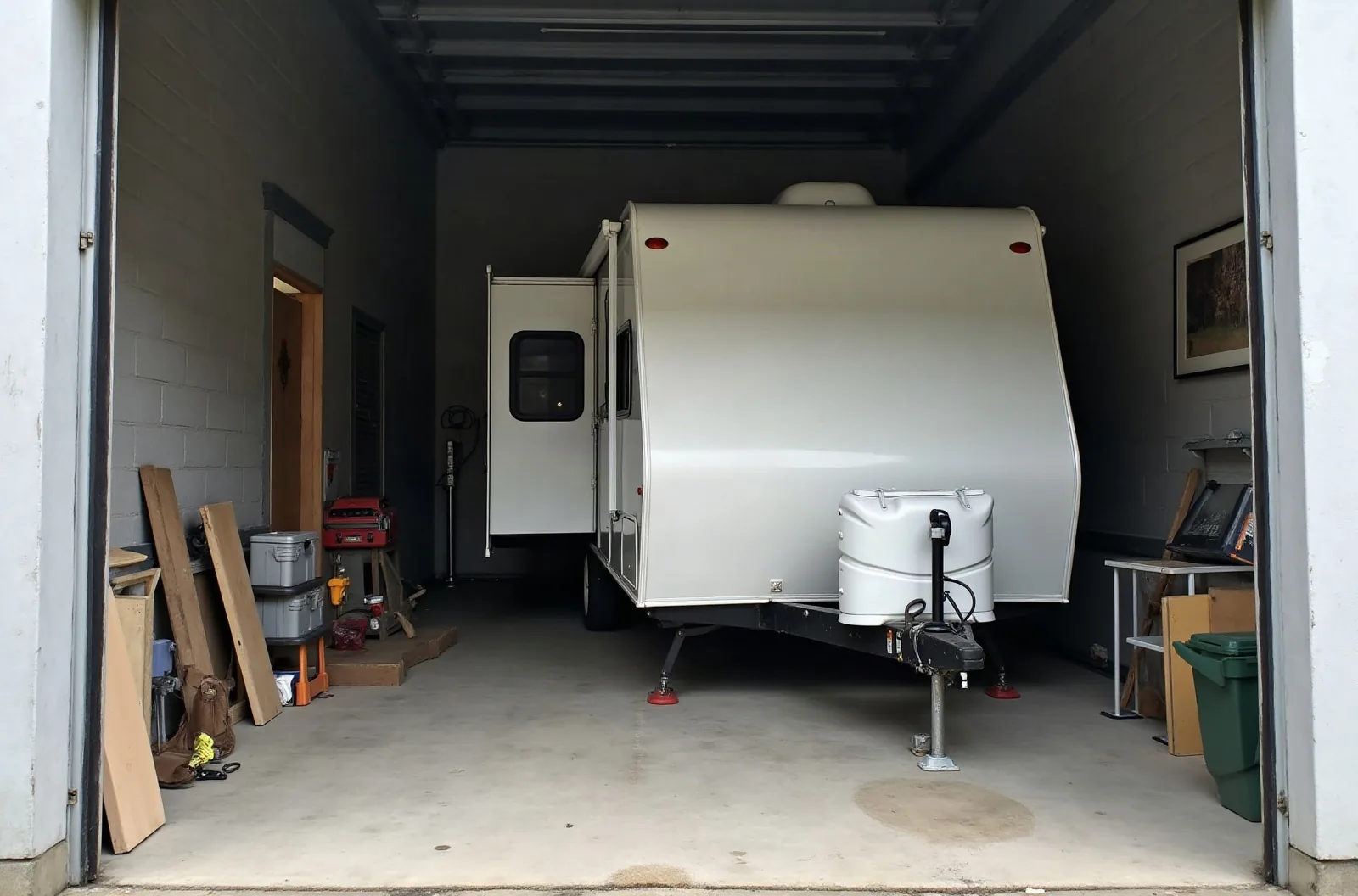 Rear of a plain white travel trailer inside a service bay with open roll-up door, ready for RV slide out repair.