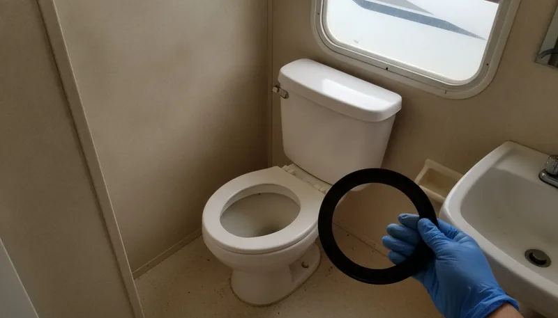 RV toilet in a small bathroom with a gloved hand holding a round rubber seal, demonstrating RV toilet repair.
