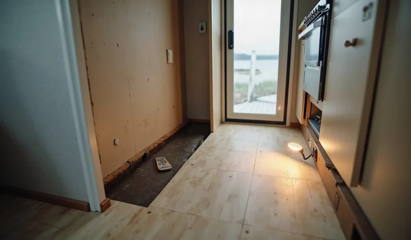 Cut open plywood subfloor with dark water stain inside an RV bathroom doorway, showing RV water damage floor repair cost