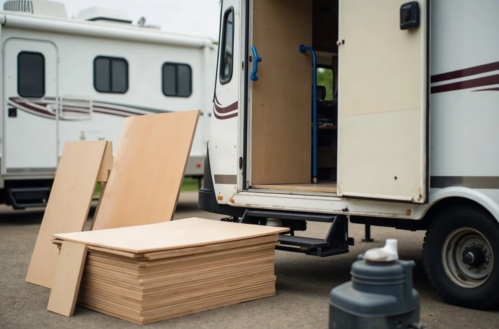 Stack of plywood sheets and circular saw beside a travel trailer at a repair shop, materials for RV water damage floor repair cost