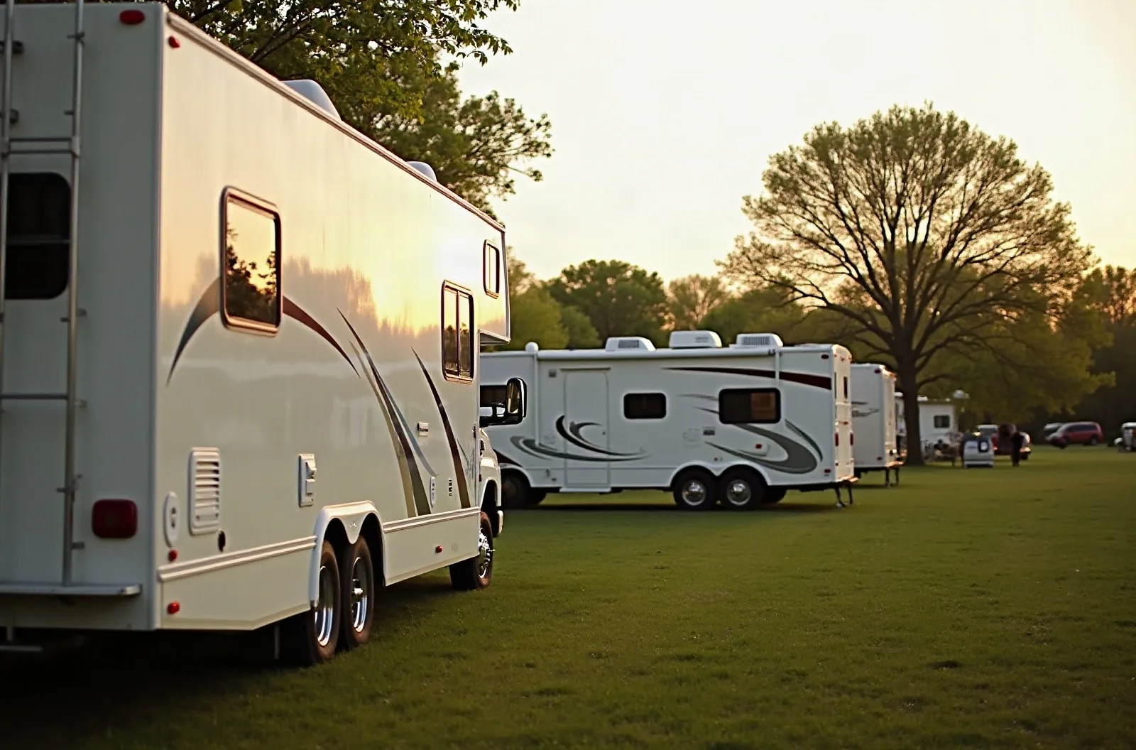 White fifth wheel RV parked at a grassy campground at sunrise, seen from a distance. Regular inspections can prevent RV water heater repair.