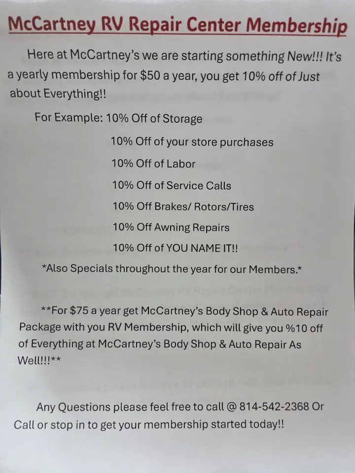 McCartney's RV, LLC, RV repair in Mt Union